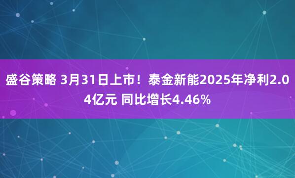 盛谷策略 3月31日上市！泰金新能2025年净利2.04亿元 同比增长4.46%